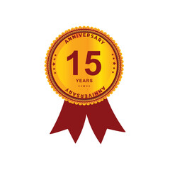 15 years anniversary logo with golden ribbon for booklet, leaflet, magazine, brochure poster, banner, web, invitation or greeting card. Vector illustrations