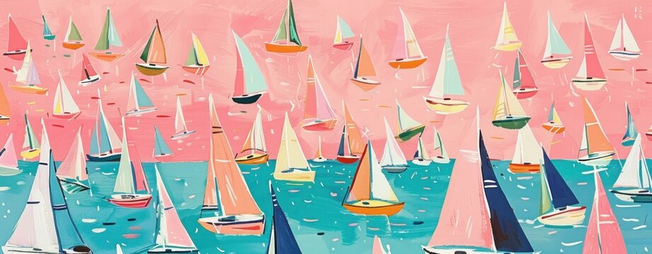 Sailboats sailing in the ocean under pink sky with clouds, travel and art theme