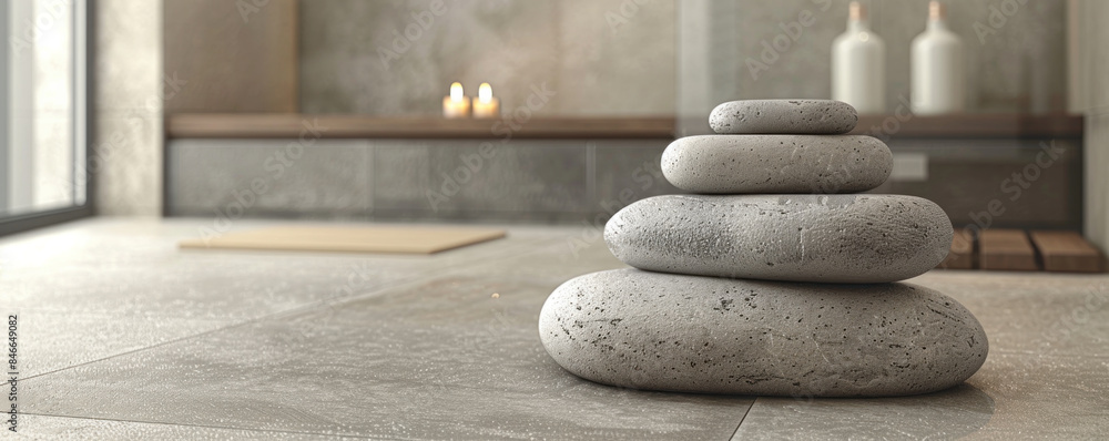 Poster a stack of rocks is sitting on a tiled floor. the rocks are arranged in a pyramid shape, and there a