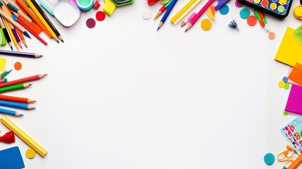 Bright and colorful school supplies arranged in a frame on a white background, perfect for back to school themes and educational projects, flat lay, top view

