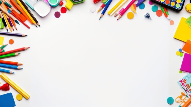 Bright and colorful school supplies arranged in a frame on a white background, perfect for back to school themes and educational projects, flat lay, top view