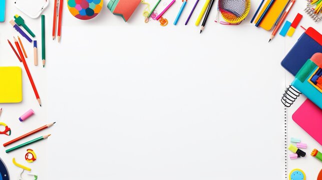 Bright and colorful school supplies arranged in a frame on a white background, perfect for back to school themes and educational projects, flat lay, top view

