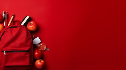 Colorful back to school supplies on red background - educational concept

