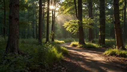 Fototapeta premium The freedom of a solitary bike ride along a sun-dappled forest trail ai_generated