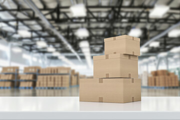 A clear, well-lit warehouse with three neatly stacked cardboard boxes in the foreground, highlighted against the blurred industrial background.