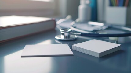Professional Healthcare Concept with Stethoscope Business Cards and Medical Books Doctor's Office Essentials for Networking and Education