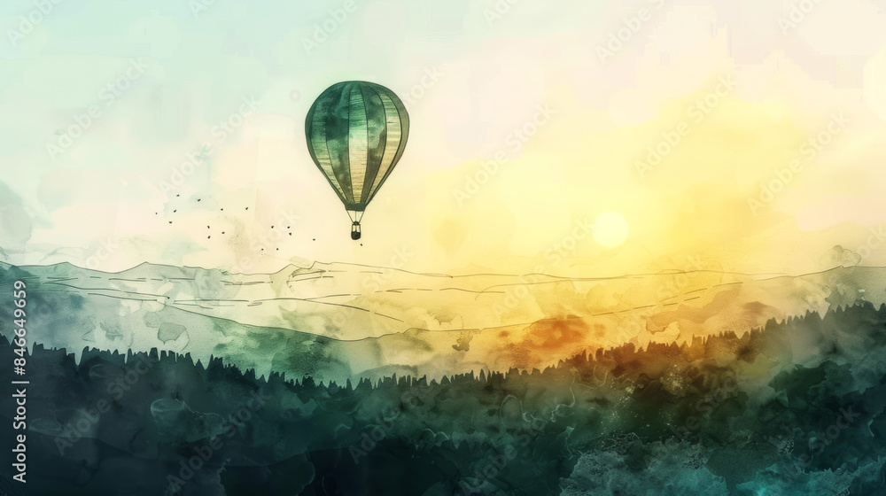 Wall mural Hot Air Balloon Traveler Soaring Over Scenic Countryside at Sunrise Ink Watercolor Illustration - Wall murals