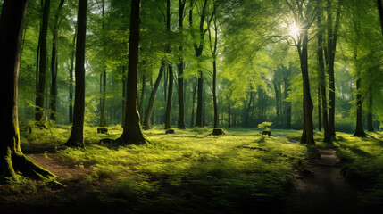 Naklejka premium Serene Sunlit Forest Path with Ferns and Tall Trees
