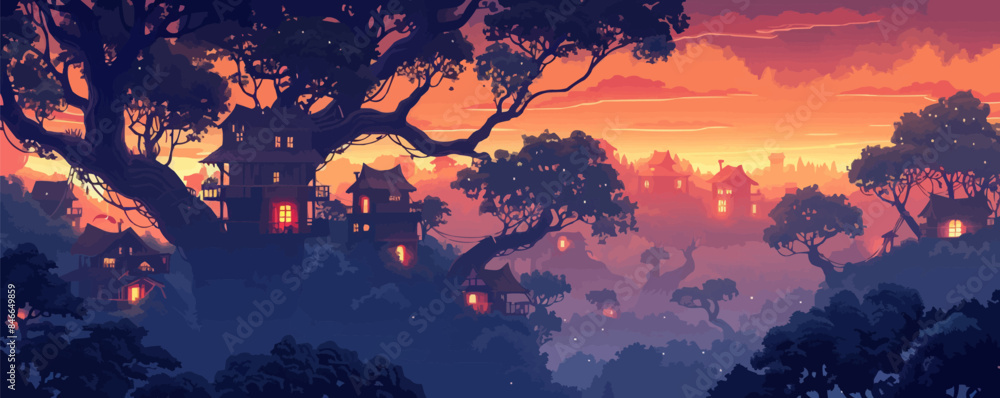 Poster a serene riverside meditation spot with floating lanterns. vector flat minimalistic isolated