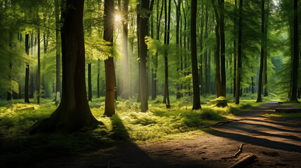 Obraz premium Sunlit Forest Path with Tall Trees and Greenery