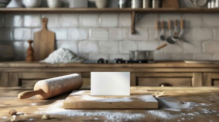 Artisanal Bakery Business Rustic Kitchen Scene with Blank Business Cards FlourDusted Pastry Board and Rolling Pin Small Business Entrepreneurship Concept