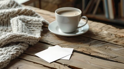 Cozy Home Office Rustic Table Blank Business Cards Coffee and Blanket