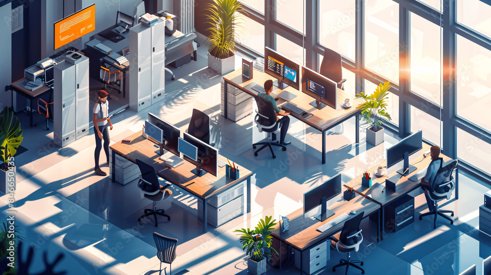 Aufkleber a high-tech office building in a stunning isometric illustration. a team of diverse programmers coll