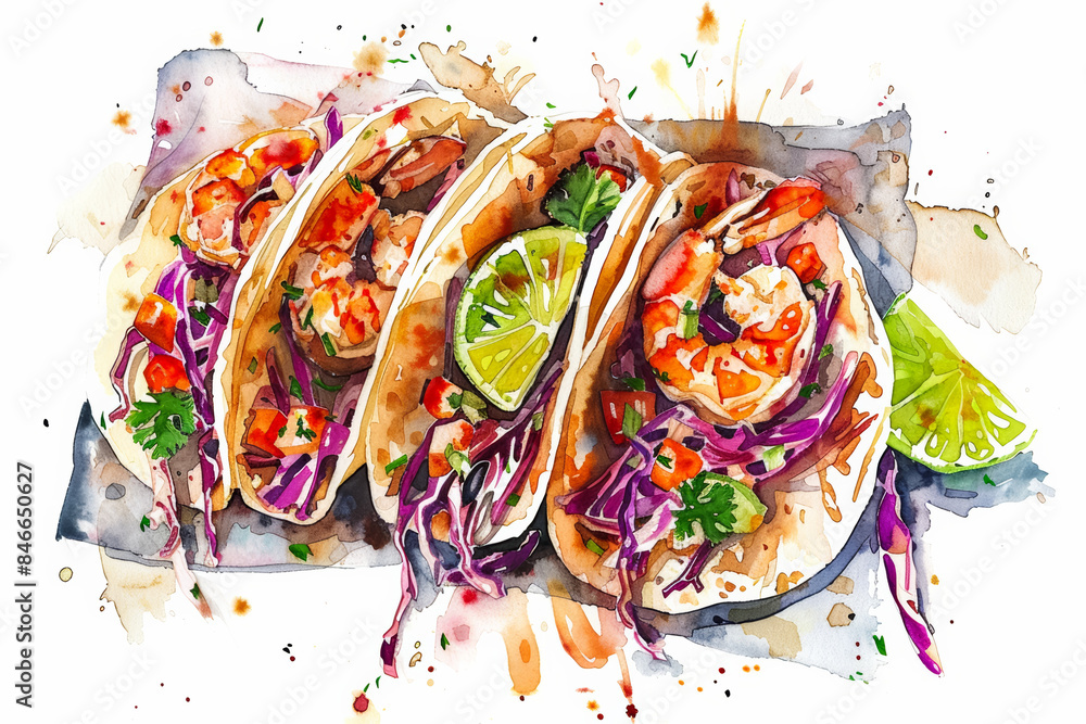 Wall mural Vibrant Watercolor of Shrimp Taco with Crunchy Slaw and Lime Wedge on White Background - Wall murals