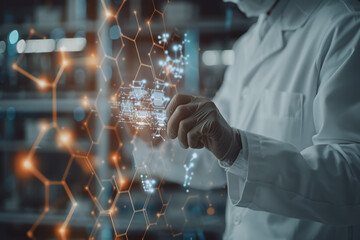 Scientist doctor hand touches virtual molecular structure in the lab.
