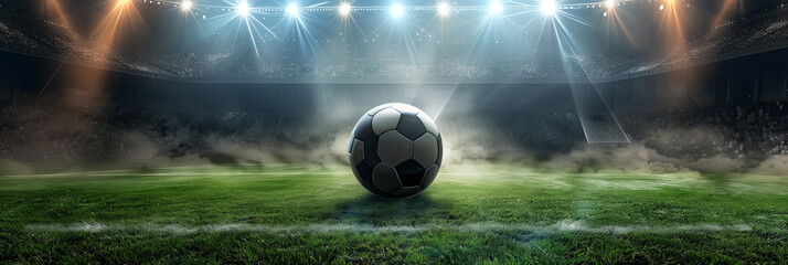 A classic black and white soccer ball on green grass in the center of a stadium, illuminated by spotlights