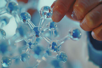 Scientist doctor hand touches virtual molecular structure in the lab.