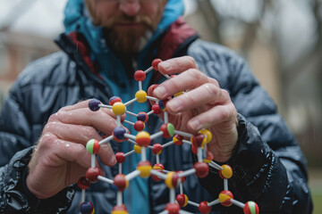 Scientist doctor hand touches virtual molecular structure in the lab.