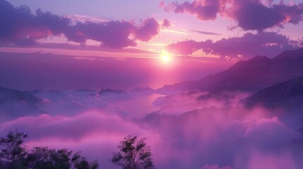 Fototapeta premium a purple sunset over a foggy misty forest valley