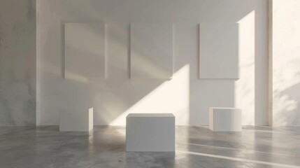 Fototapeta premium Contemporary Art Gallery Showcase with Blank Business Cards and Abstract Sculptures in Soft Focus Creative Exhibition Space Concept