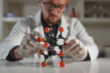 Scientist doctor hand touches virtual molecular structure in the lab.