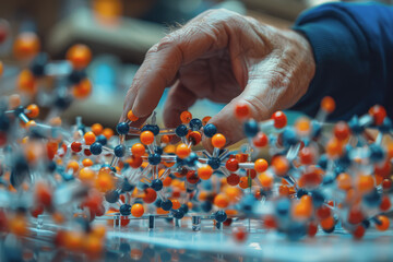 Scientist doctor hand touches virtual molecular structure in the lab.