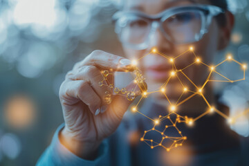Scientist doctor hand touches virtual molecular structure in the lab.