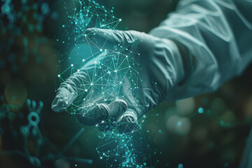 Scientist doctor hand touches virtual molecular structure in the lab.