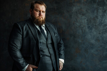 Fototapeta premium A confident man in a tailored suit poses against a textured dark background, exuding an air of strength and sophistication.