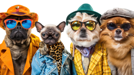 Cool group of cats and dogs on summer vacation on transparent background