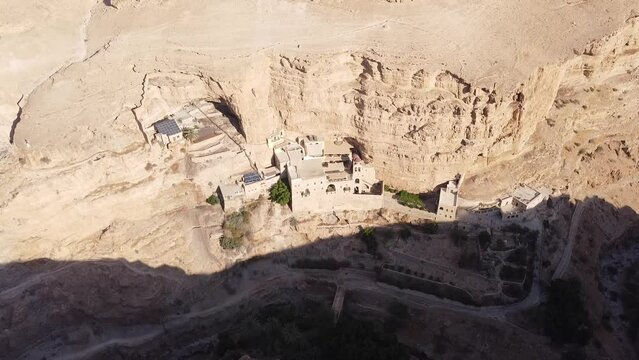 Aerial video above saint george monastery on a sunny day, Israel