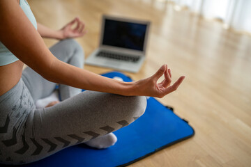 Fototapeta premium Portrait of beautiful sportswoman, fitness girl watching videos on laptop during workout