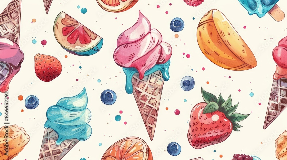 Poster create a captivating seamless pattern of hand drawn ice cream 2ds