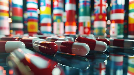 Fototapeta premium Global Healing Pills Against a World of Flags Conceptual Stock Image for Healthcare and Pharmaceutical Industries