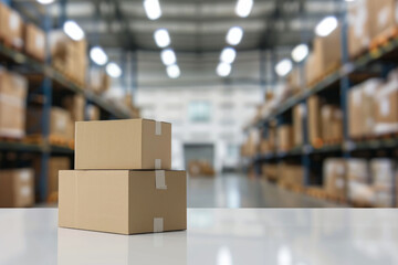 Two cardboard boxes stacked on a white surface in a spacious warehouse environment, symbolizing storage, logistics, and order fulfillment operations.