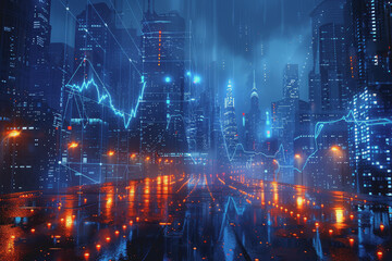 Fototapeta premium Financial chart graph shining in the city with business and blurred night scene in the background.