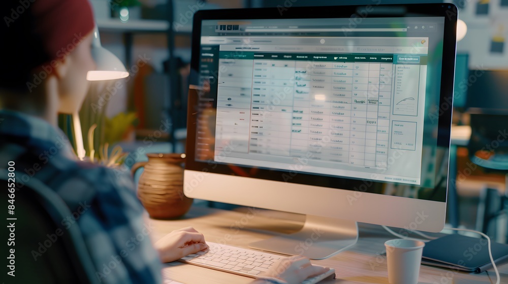 Poster young professional analyzing a spreadsheet on a desktop computer in a modern office environment.