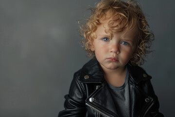 A young child with curly blond hair, sporting a black leather jacket, gazes pensively at the camera with a gray backdrop.
