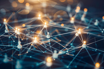 A complex network of glowing nodes connected by thin lines represents the concept of connectivity and digital relationships in a futuristic setting.