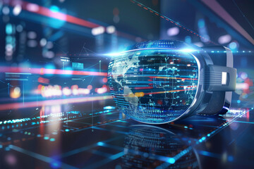 A virtual reality headset with detailed holographic displays, glowing with intricate digital data overlays in a dark, high-tech environment.