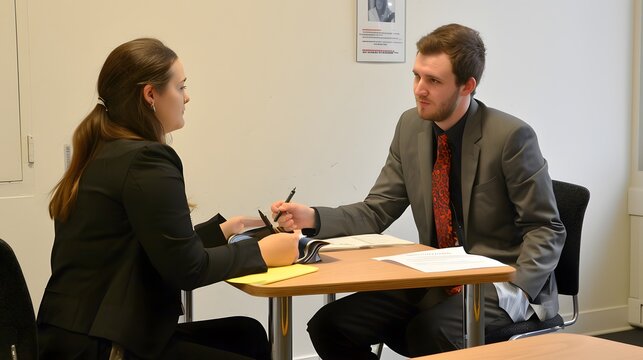 Professionals practicing interview skills in a formal office setting.