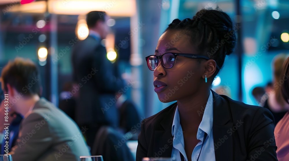 Poster professional woman attentively listening at a networking event in a business environment.