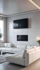 High end modern living room with white leather couch and a large flat screen tv mounted on the wall, brutalist architecture mixed with modern futuristic minimal design
