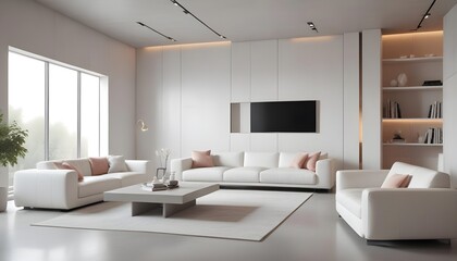 Fototapeta premium High end modern living room with white leather couch and a large flat screen tv mounted on the wall, brutalist architecture mixed with modern futuristic minimal design