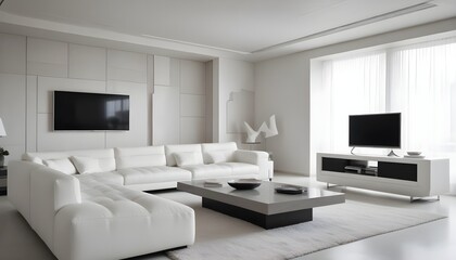 High end modern living room with white leather couch and a large flat screen tv mounted on the wall, brutalist architecture mixed with modern futuristic minimal design