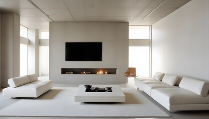 High end modern living room with white leather couch and a large flat screen tv mounted on the wall, brutalist architecture mixed with modern futuristic minimal design