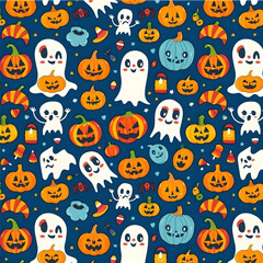 Naklejka premium Cute Halloween pattern, vector style, playful pumpkins, friendly ghosts, candy