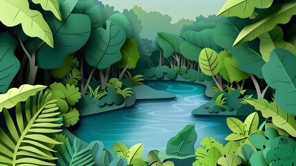 Lush Verdant Waterway Surrounded by Flourishing Tropical Foliage