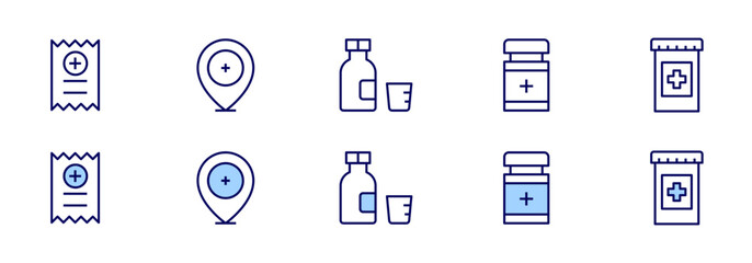 Pharmacy icons. Duotone style. Line style. Editable stroke. Vector illustration, pharmacy, syrup, pill, medicine, bill.