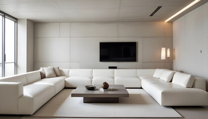 High end modern living room with white leather couch and a large flat screen tv mounted on the wall, brutalist architecture mixed with modern futuristic minimal design